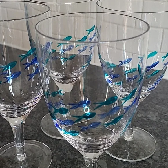 Barstow Cut Glass Blue and Turquoise Fish Goblets - Set of 4 - Picture 5 of 9